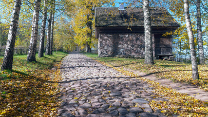 wide paved road leading to old houses in the ancient Russian village of Mikhailovskoe, Pskov, Russia
