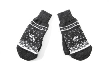 .knitted gray mittens with a pattern isolated - Image