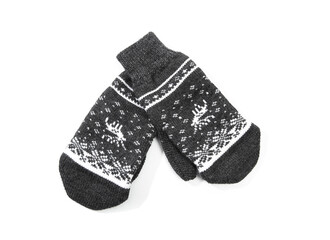 .knitted gray mittens with a pattern isolated - Image