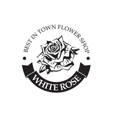 emblem of white rose bud for flower shop isolated on white background