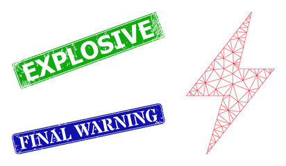 Network electricity model, and Explosive blue and green rectangular dirty seals. Polygonal carcass illustration created from electricity pictogram.