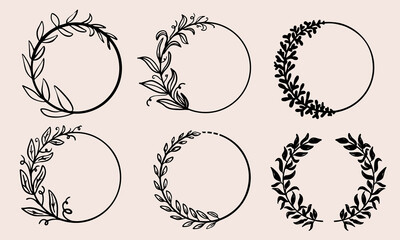 Fototapeta premium Hand drawn wreath collection. Bundle of doodled, vector circles with botanical leaves as cute round frames.