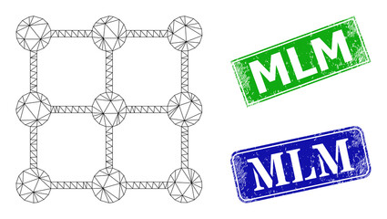 Polygonal grid nodes model, and Mlm blue and green rectangle rubber stamps. Polygonal wireframe symbol is designed with grid nodes pictogram. Stamps include Mlm text inside rectangle frame.