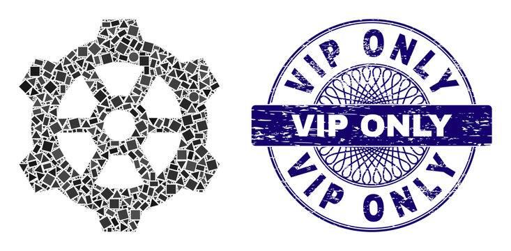 Geometric mosaic gear, and Vip Only corroded seal imitation. Violet seal has Vip Only text inside round shape. Vector gear mosaic is constructed from random round, triangle, square items.