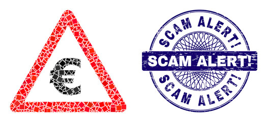 Geometric mosaic Euro warning, and Scam Alert! scratched seal imitation. Blue seal includes Scam Alert! tag inside circle form. Vector Euro warning mosaic is made of random circle, triangle,