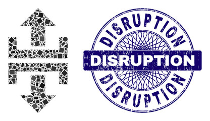 Geometric mosaic divide vertical direction, and Disruption scratched stamp seal. Blue stamp seal has Disruption text inside circle form.