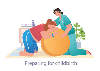Professional doctor helps a patient to prepare for childbirth. Women are trying to prepare themselves for childbirth at the hospital using big ball. Flat cartoon vector illustration