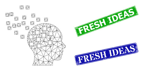 Net mind disintegration image, and Fresh Ideas blue and green rectangular dirty watermarks. Mesh carcass image is designed with mind disintegration icon.