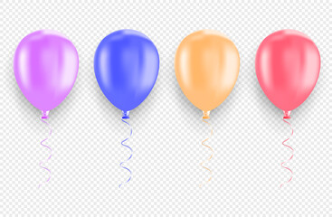 Realistic balloon, in colorful pink, blue, yellow and red colors. Balloons for birthday, parties, weddings, holidays, events. Isolated on transparent background