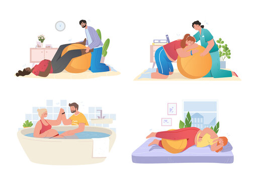 Set With Pregnant Women Preparing For Childbirth At Hospital And At Home. Concept Of Female During Child Delivery. Women In Birthing Positions. Flat Cartoon Vector Illustration