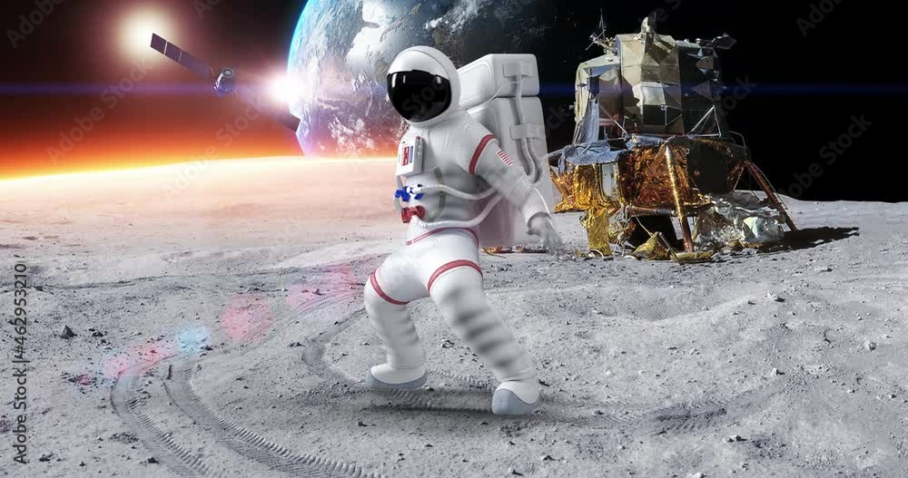 Wall mural astronaut making kung fu moves on planet surface. planet earth on background. space and technology r
