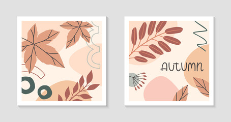 Fototapeta na wymiar Set of autumn abstract decorative prints with organic various shapes,maple foliage and lettering - autumn.Moderm seasonal design.Universal artistic banners.Trendy fall vector illustrations.