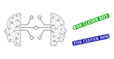 Polygonal human network links model, and For Clever Boy blue and green rectangle dirty stamp seals. Polygonal wireframe illustration is created from human network links pictogram.