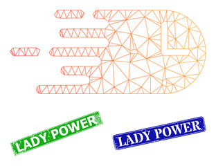 Polygonal rush time image, and Lady Power blue and green rectangular corroded watermarks. Mesh wireframe image is designed with rush time icon. Seals have Lady Power tag inside rectangular shape.