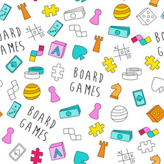 Board game themed seamless pattern. Colorful cartoon game pieces, playing cards and inscriptions. Pattern for wrapping paper or fabric