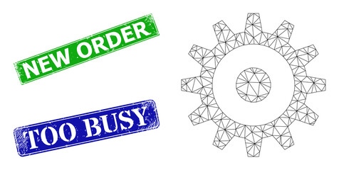 Polygonal gear wheel image, and New Order blue and green rectangle dirty seals. Polygonal wireframe symbol is created from gear wheel pictogram. Stamps contain New Order text inside rectangle shape.