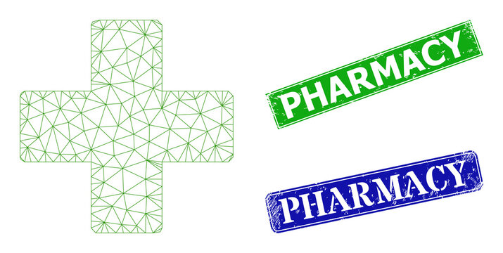 Mesh pharmacy cross image, and Pharmacy blue and green rectangle textured seal imitations. Mesh carcass image is based on pharmacy cross icon. Seals contain Pharmacy text inside rectangle frame.
