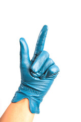 blue leather gloves worn on hand isolated on white  background