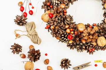 Autumn wreath of cones, nuts, and berries. Assortment from natural materials