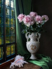 Still life with bouquet of pink roses