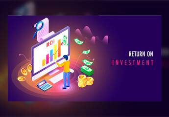 Purple Landing Page Design with Businessman Maintain Data in Desktop and Money Currency for Return on Investment (Roi) Concept