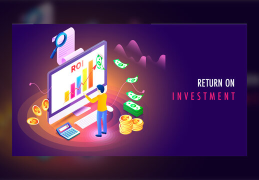 Purple Landing Page Design with Businessman Maintain Data in Desktop and Money Currency for Return on Investment (Roi) Concept