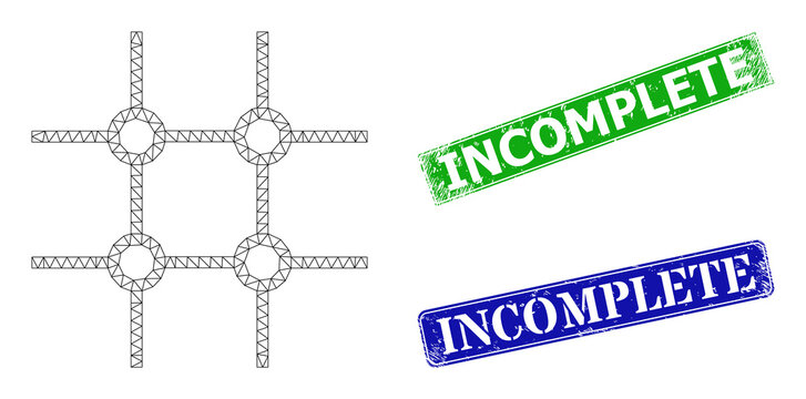 Mesh incomplete square grid model, and Incomplete blue and green rectangle scratched stamp seals. Mesh carcass image is created from incomplete square grid pictogram.