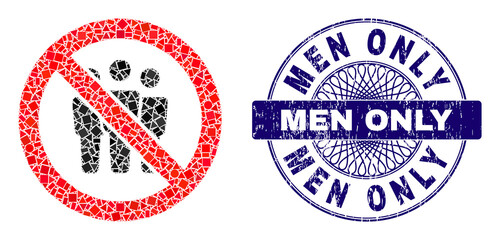 Geometric mosaic forbidden people, and Men Only rubber seal imitation. Violet seal has Men Only tag inside circle form. Vector forbidden people mosaic is composed from scattered circle, triangle,