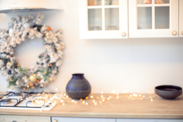 blurred background og  kitchen with lights for  christmas and new year - Image