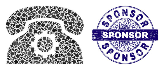 Obraz premium Geometric mosaic phone settings, and Sponsor rubber watermark. Blue stamp seal has Sponsor tag inside circle form. Vector phone settings mosaic is created of random circle, triangle, rectangular dots.