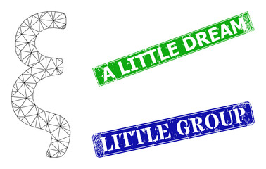 Obraz premium Mesh Xi Greek lowercase symbol model, and A Little Dream blue and green rectangle corroded stamp seals. Polygonal carcass image created from Xi Greek lowercase symbol icon.