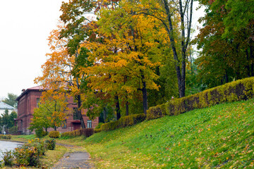 Autumn cityscape, colored trees on a hill with an old red brick building. Cloudy weather.