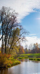 Landscape of late autumn. Bare and colored trees on the river bank, beautiful picturesque background. Natural paints. Beautiful view.