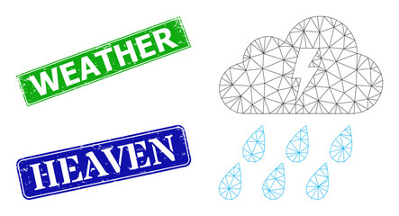 Mesh thunder cloud image, and Weather blue and green rectangle grunge stamps. Mesh carcass symbol created from thunder cloud icon. Stamp seals have Weather tag inside rectangle form.