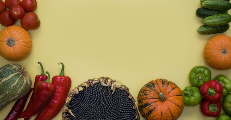 Fresh raw vegetables: tomatoes, cucumbers, squash, pumpkins, peppers and paprikas and sunflower on yellow background.  Bio products for healthy cooking. Farm, diet, shop concept. Banner with copy spac