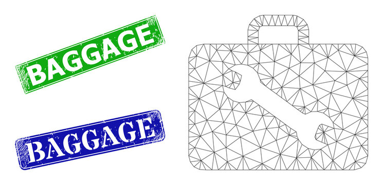 Triangular tool case image, and Baggage blue and green rectangular corroded stamp seals. Mesh wireframe image is created from tool case pictogram.