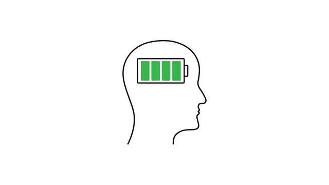humans head with BATTERY icon. Charge the brain animation 