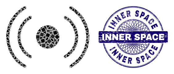 Geometric collage radio internet, and Inner Space corroded stamp seal. Blue stamp seal has Inner Space text inside circle shape. Vector radio internet collage is formed with randomized circle,