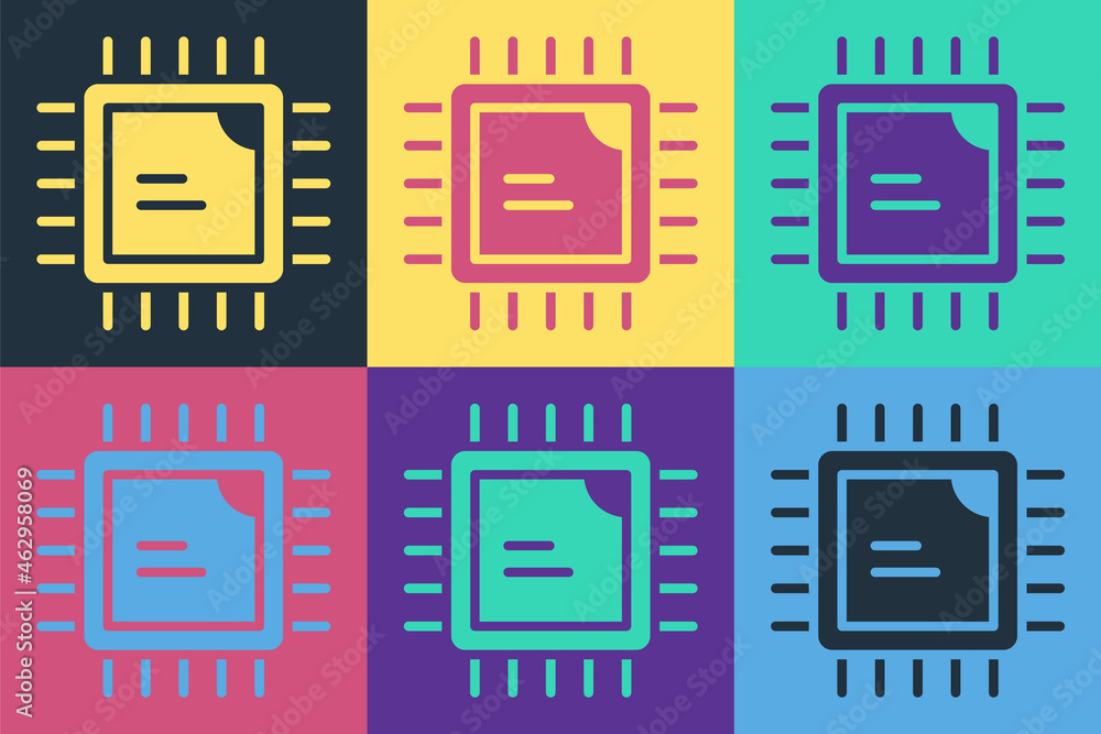 Aufkleber pop art computer processor with microcircuits cpu icon isolated on color background. chip or cpu wit