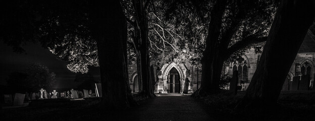In the night ,St Michael's Church, Sutton-on-the-Hill, UK autumn 2021.