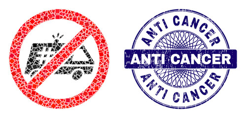 Geometric mosaic stop jail police car, and Anti Cancer grunge stamp. Blue stamp contains Anti Cancer text inside circle shape. Vector stop jail police car mosaic is organized with randomized circle,