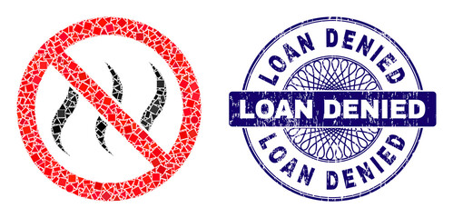Geometric collage no smell, and Loan Denied scratched stamp. Violet stamp seal has Loan Denied text inside round shape. Vector no smell collage is formed from randomized round, triangle,