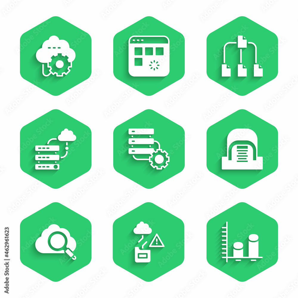 Poster set server and gear, cloud technology data transfer, data analysis, hangar with servers, search clou