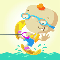 Smiling man water skiing waving his hand