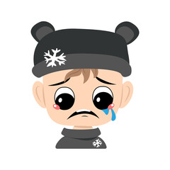 Child with crying and tears emotion, sad face, depressive eyes in bear hat with snowflake. Head of cute child with melancholy expression in carnival costume or winter headdress. Head of adorable kid