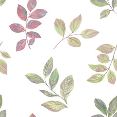Decorative leaves seamless pattern on an abstract background. Abstract seamless background of leaves and branches. Botanical watercolor drawing for printing, wallpaper, packaging.