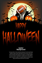 Happy Halloween. Zombie hand from the grave holding a football ball. Pumpkins, spooky tree, crosses, coffin and bats. Pattern for banner, poster, greeting card, invitation. Vector illustration