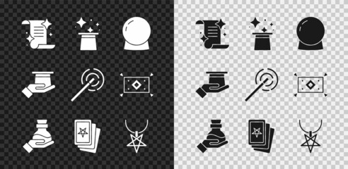 Set Ancient magic book, Magic hat, ball, Bottle with potion, Three tarot cards, Pentagram necklace, Magician in hand and wand icon. Vector