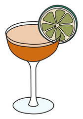Naked and Famous classic New Era cocktail in tumbler glass. Mezcal based drink garnished with slice of lime. Stylish doodle cartoon vector illustration good for cards, menu decoration or posters