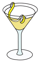 Gibson Martini variation cocktail in specific glass. Gin and Scotch Whiskey based drink garnished with lemon twist. Stylish doodle cartoon vector illustration good for cards, menu decoration, posters